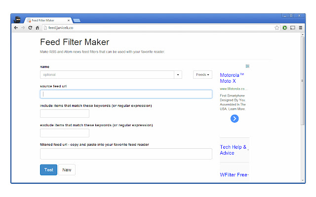 Feed Filter Maker  from Chrome web store to be run with OffiDocs Chromium online