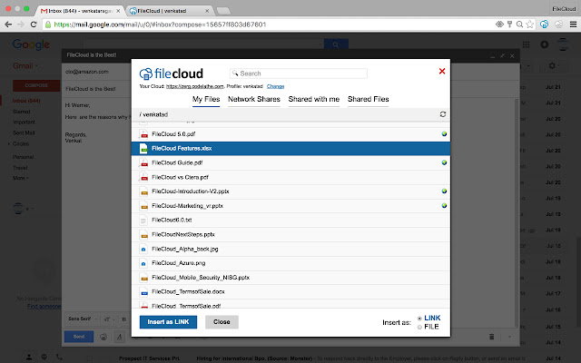 FileCloud for Gmail  from Chrome web store to be run with OffiDocs Chromium online