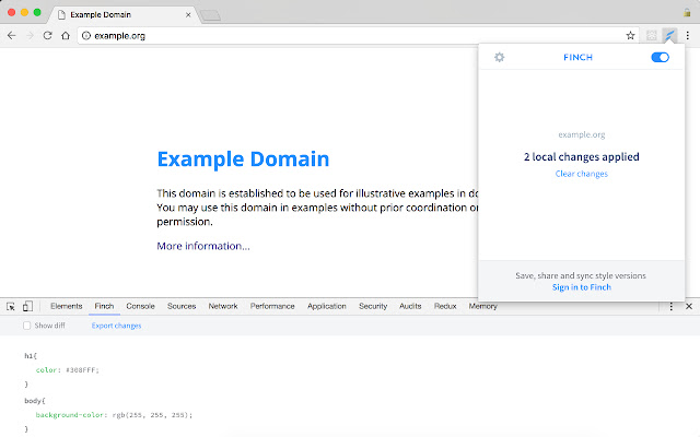 Finch Developer Tools  from Chrome web store to be run with OffiDocs Chromium online