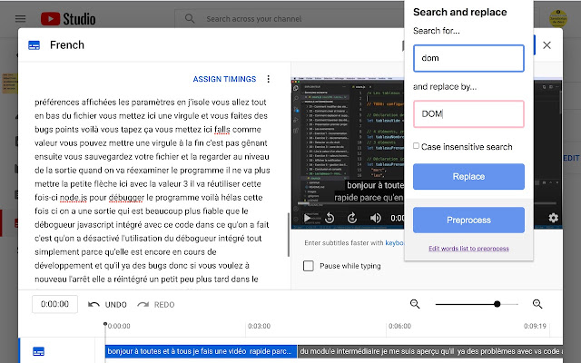 Find and replace for YouTube Subtitles  from Chrome web store to be run with OffiDocs Chromium online