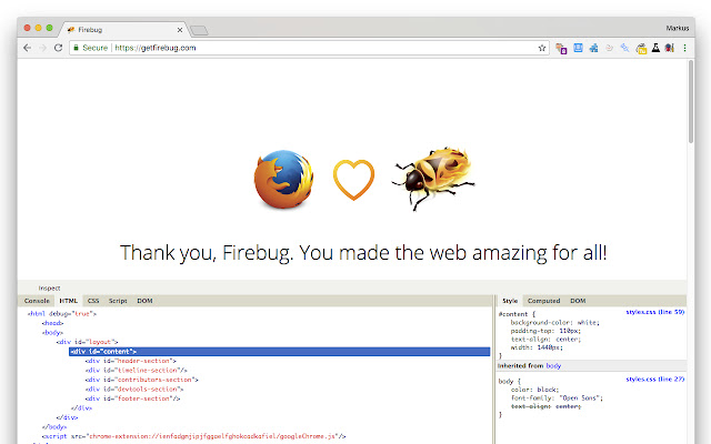 Firebug Lite for Google Chrome  from Chrome web store to be run with OffiDocs Chromium online