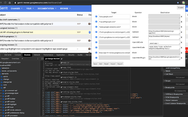 Gerrit FE Dev Helper  from Chrome web store to be run with OffiDocs Chromium online