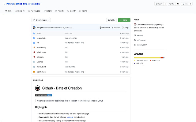 Github Date of creation  from Chrome web store to be run with OffiDocs Chromium online