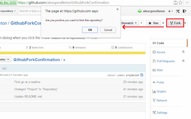 Github Fork Confirmation  from Chrome web store to be run with OffiDocs Chromium online