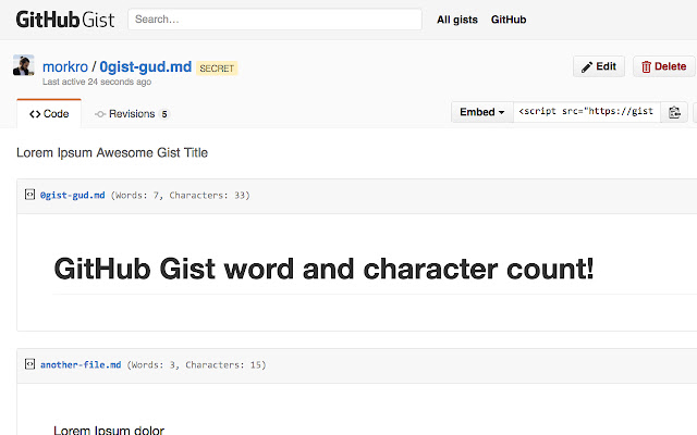 GitHub Gist Word Count  from Chrome web store to be run with OffiDocs Chromium online