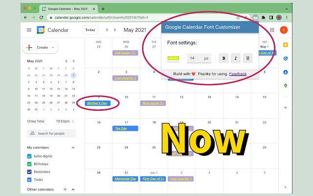 Google Calendar Font Customizer  from Chrome web store to be run with OffiDocs Chromium online