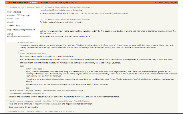 Hacker News Hover Profile  from Chrome web store to be run with OffiDocs Chromium online