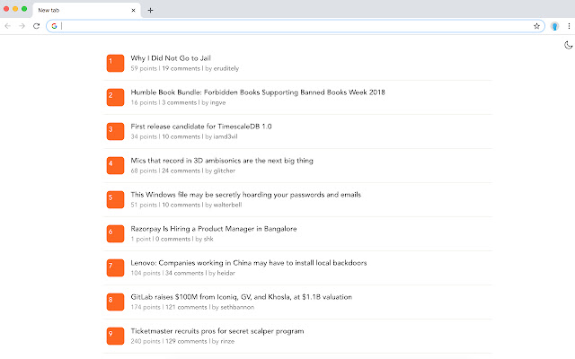 Hacker News in New Tab  from Chrome web store to be run with OffiDocs Chromium online