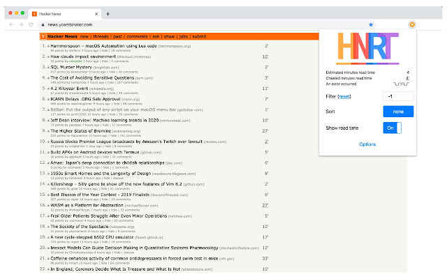 Hacker News Read Time  from Chrome web store to be run with OffiDocs Chromium online