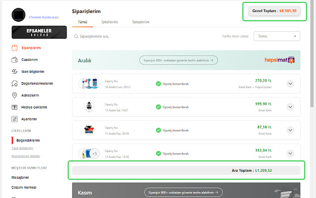 Hepsiburada.com Tüm Siparişler Toplamı  from Chrome web store to be run with OffiDocs Chromium online