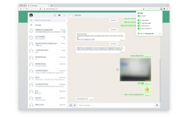 Hide for WhatsApp Web  from Chrome web store to be run with OffiDocs Chromium online