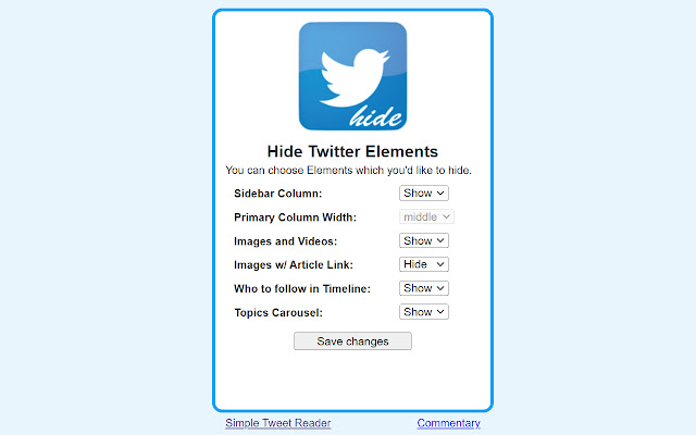 Hide Twitter Elements  from Chrome web store to be run with OffiDocs Chromium online