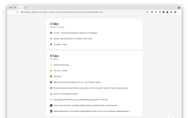 Hoardie Reduce Tab Clutter  from Chrome web store to be run with OffiDocs Chromium online