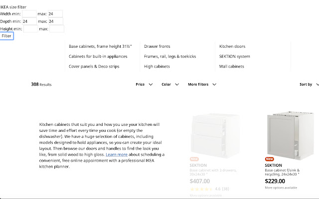 IKEA size filter  from Chrome web store to be run with OffiDocs Chromium online