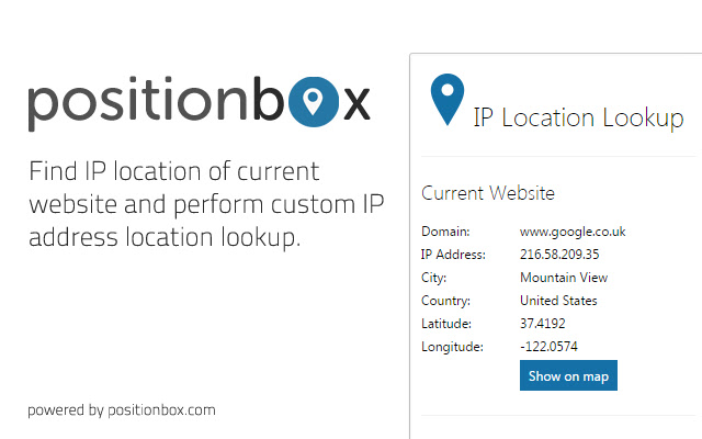 IP Location Lookup Tool  from Chrome web store to be run with OffiDocs Chromium online