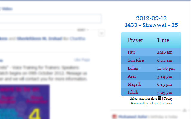 Islamic Prayer Times for Facebook  from Chrome web store to be run with OffiDocs Chromium online