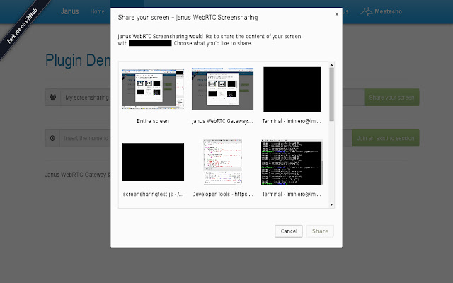 Janus WebRTC Screensharing  from Chrome web store to be run with OffiDocs Chromium online