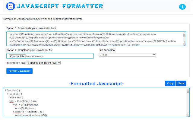 Javascript Formatter  from Chrome web store to be run with OffiDocs Chromium online