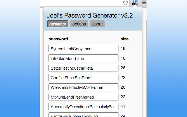 Joels Password Generator  from Chrome web store to be run with OffiDocs Chromium online