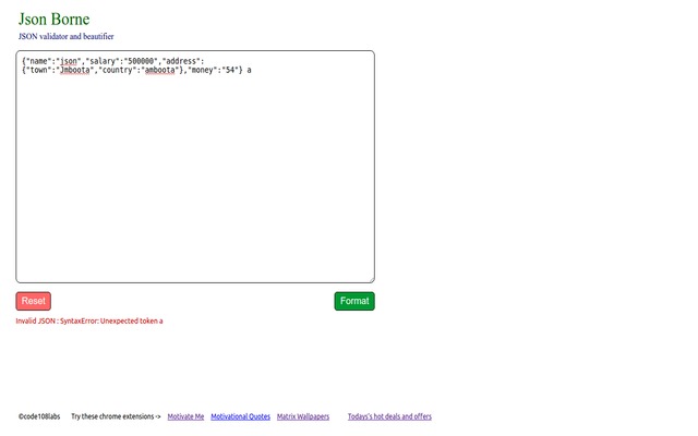 Json Borne : JSON validator and formatter  from Chrome web store to be run with OffiDocs Chromium online