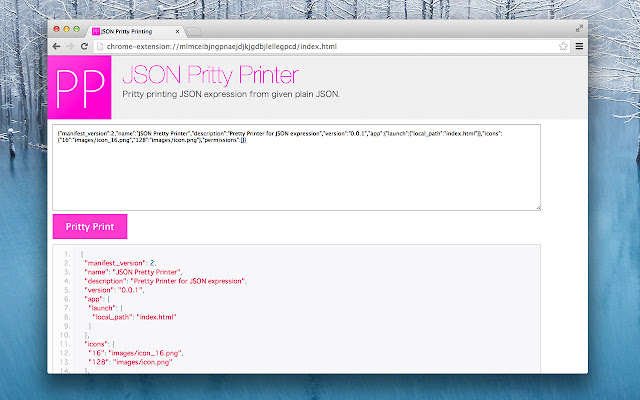 JSON Pretty Printer  from Chrome web store to be run with OffiDocs Chromium online