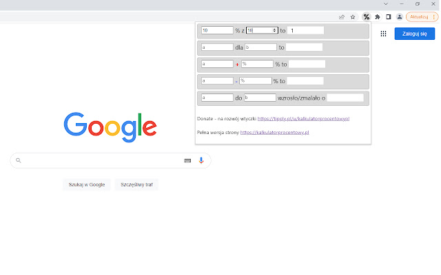 Chrome വെബ് സ്റ്റോറിൽ നിന്നുള്ള kalkulatorprocentowy.pl ഓൺലൈനിൽ OffiDocs Chromium-മായി പ്രവർത്തിക്കും