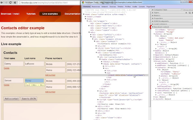 Knockoutjs context debugger  from Chrome web store to be run with OffiDocs Chromium online