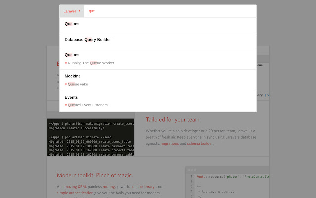 Laravel/Yii 2 Docs Search Autocomplete  from Chrome web store to be run with OffiDocs Chromium online