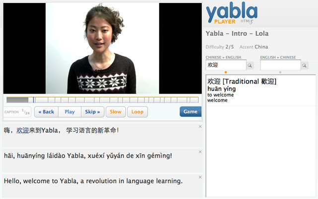 Learn Chinese with Yabla  from Chrome web store to be run with OffiDocs Chromium online