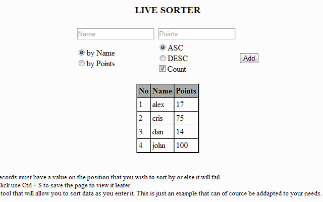 Live Sorter  from Chrome web store to be run with OffiDocs Chromium online