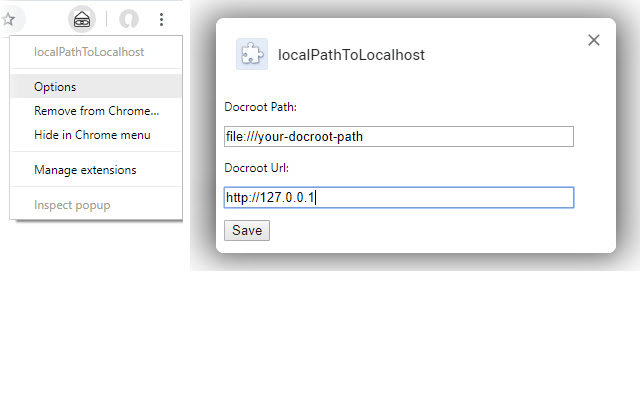 localPathToLocalhost  from Chrome web store to be run with OffiDocs Chromium online