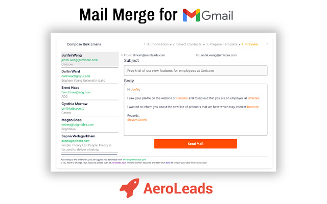 Mail Merge ສໍາລັບ Gmail Aeroleads ຈາກຮ້ານເວັບ Chrome ທີ່ຈະດໍາເນີນການກັບ OffiDocs Chromium ອອນໄລນ໌