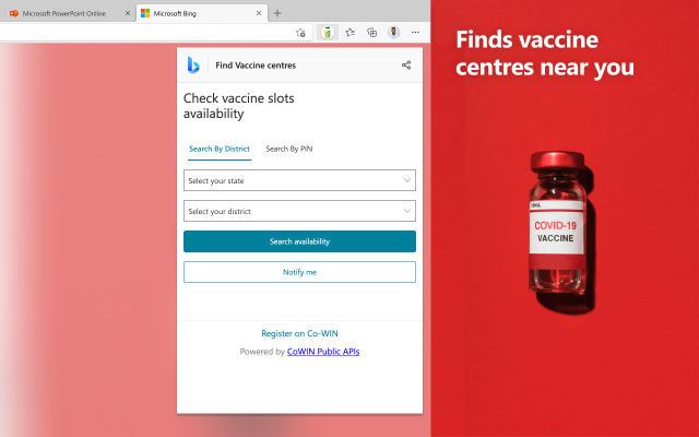 Microsoft Bing Vaccine Finder  from Chrome web store to be run with OffiDocs Chromium online