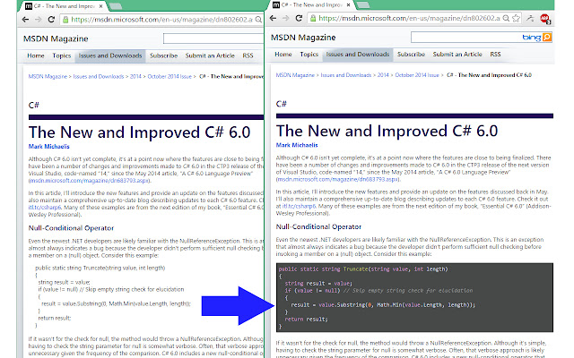 MSDN Magazine code highlighter  from Chrome web store to be run with OffiDocs Chromium online