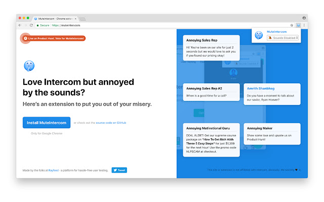 MuteIntercom  from Chrome web store to be run with OffiDocs Chromium online