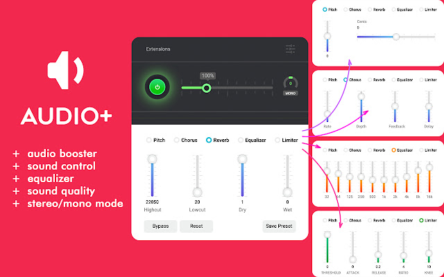 New Volume Booster  equalizer Audio +  from Chrome web store to be run with OffiDocs Chromium online