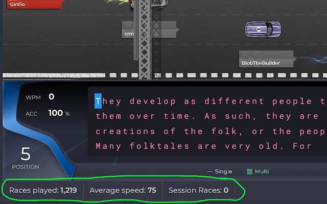 Nitro Type stats on race page viewer  from Chrome web store to be run with OffiDocs Chromium online