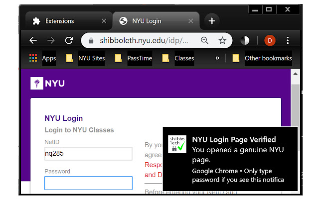 NYU Login Page Verify  from Chrome web store to be run with OffiDocs Chromium online