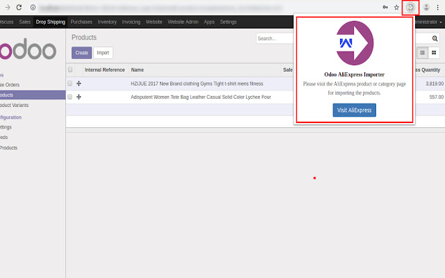 Odoo Aliexpress Importer  from Chrome web store to be run with OffiDocs Chromium online