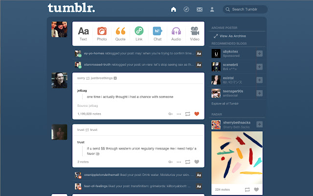 Old Tumblr Dashboard  from Chrome web store to be run with OffiDocs Chromium online