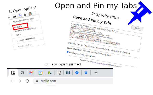 Open and Pin my Tabs  from Chrome web store to be run with OffiDocs Chromium online