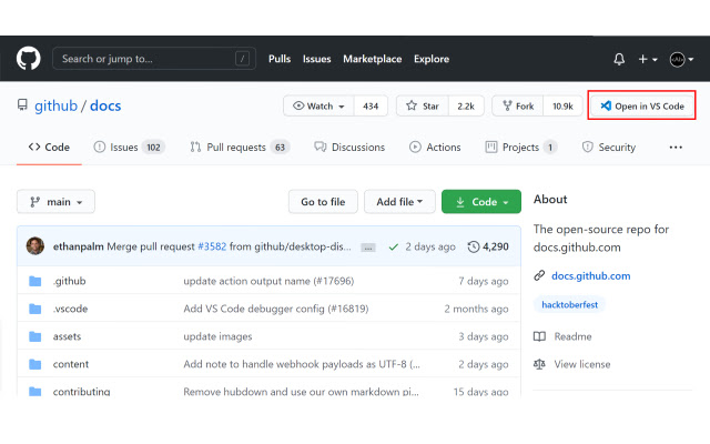 Open GitHub in VS Code  from Chrome web store to be run with OffiDocs Chromium online