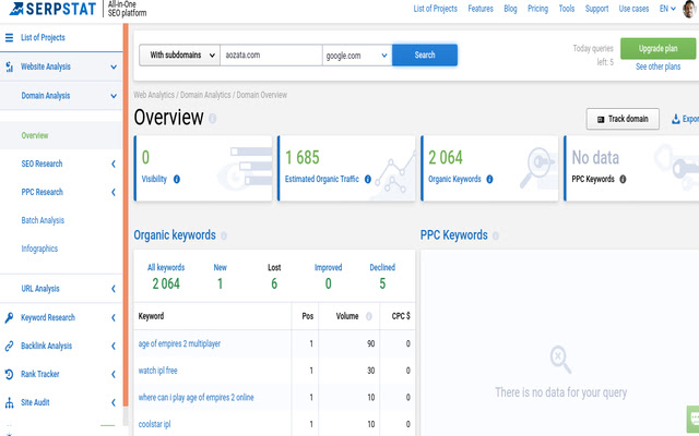 Open in Serpstat Domain analytics  from Chrome web store to be run with OffiDocs Chromium online