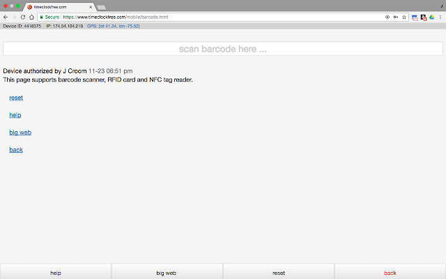 Open Time Clock Barcode Scanner Kiosk  from Chrome web store to be run with OffiDocs Chromium online