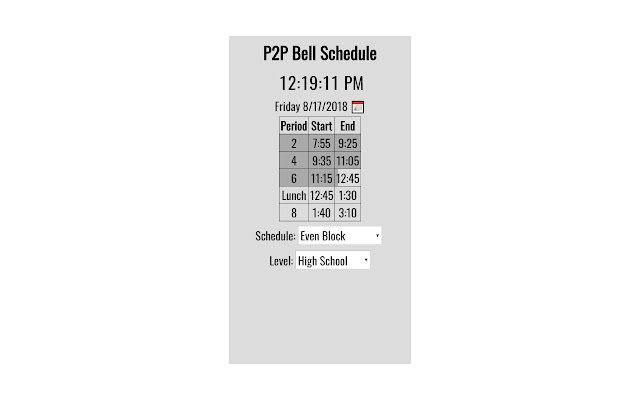 Peak to Peak Bell Schedule  from Chrome web store to be run with OffiDocs Chromium online