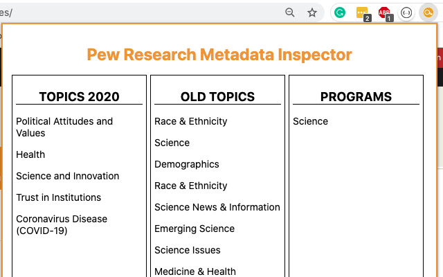 Pew Research Metadata Inspector  from Chrome web store to be run with OffiDocs Chromium online