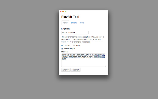 Playfair Cipher  from Chrome web store to be run with OffiDocs Chromium online