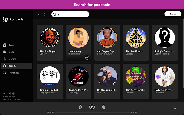 Podcasts A player, downloader, transcriber  from Chrome web store to be run with OffiDocs Chromium online