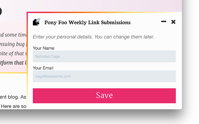 Pony Foo Weekly Submissions  from Chrome web store to be run with OffiDocs Chromium online