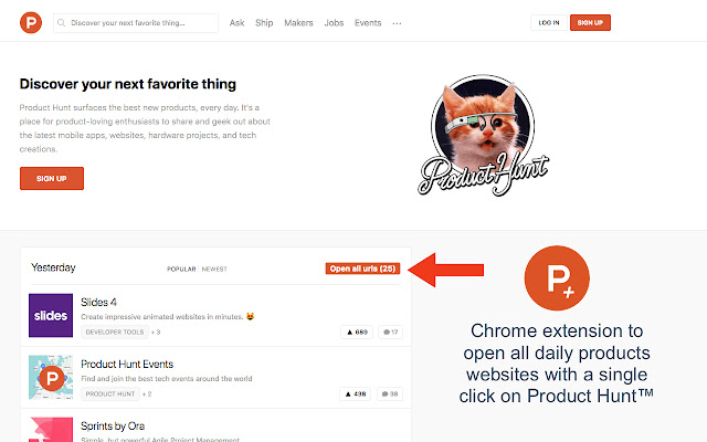 Product Hunt™ Tabs  from Chrome web store to be run with OffiDocs Chromium online